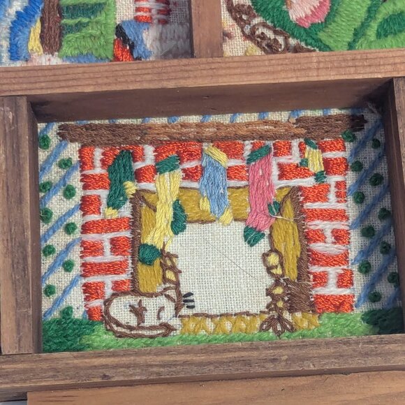 Embroidered Needlework Tree Holiday Wood Diorama Christmas Wood Décor Shadowbox - Picture 7 of 10